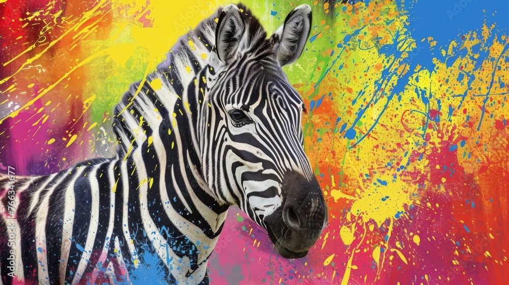 Fototapeta premium A zoomed-in photo of a zebra standing near a vibrant, splattered-wall background