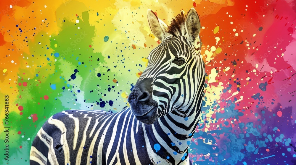 Fototapeta premium A macro shot of a zebra against a vibrant, abstract backdrop with smeared paint