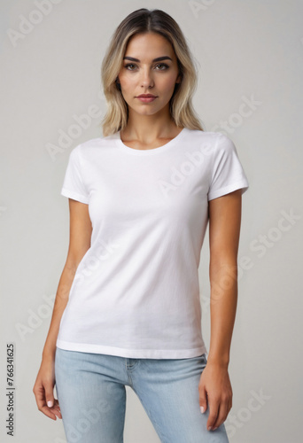 Young attractive blonde woman wearing a blank white t-shirt on a grey background as design template with copy space for logo or text. Mockup of black casual t-shirt for design print. Front view