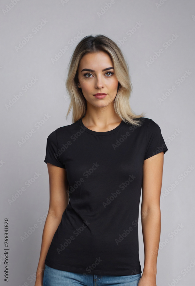 Fototapeta premium Blonde young woman wearing jeans and blank black t-shirt with copy space for text, logo, branding, print design. Front view. Attractive female model poses in black t-shirt in photo studio.