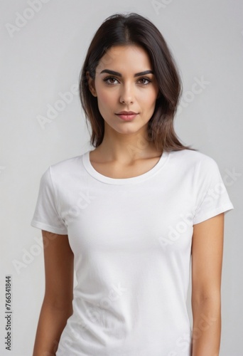 Attractive young woman in white t-shirt stands in front of a white studio background. Mock up of blank t-shirt with copy space for logo, text or print design. Casual female clothes template front view