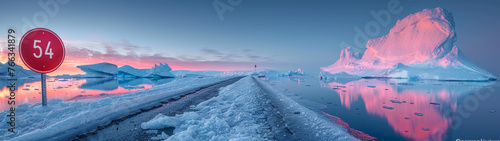 Stunning panoramic image of a snowy road leading towards a massive iceberg illuminated by pink hues of the sunset sky