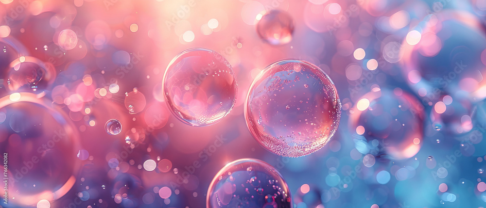 Close-up of sparkling bubbles with reflections on a pink and blue gradient background
