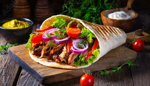 Doner kebab with flatbread and vegetable side dishes