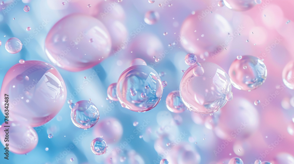 Delicate bubbles floating in the air, set against a pastel pink and blue backdrop for a dream-like atmosphere