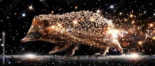  A porcupine strolls under starry skies, tail curled and eyes wide open