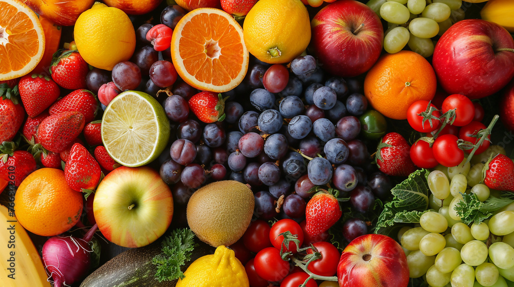 Fresh fruits, berries and vegetables background Fresh fruits, berries and vegetables background