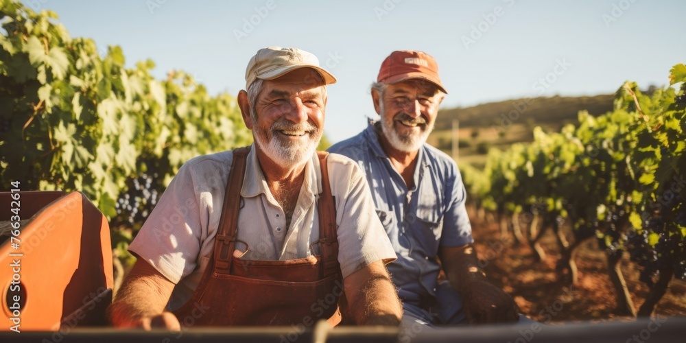 Middle-aged men farmers harvest grapes on the farm. Generative AI. Middle-aged men farmers harvest grapes on the farm. Generative AI.
