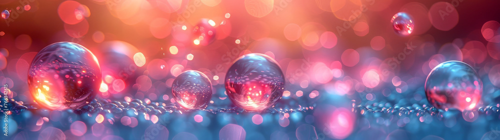 Soap bubbles on a blue and pink gradient with twinkling bokeh for a festive mood - obrazy, fototapety, plakaty 