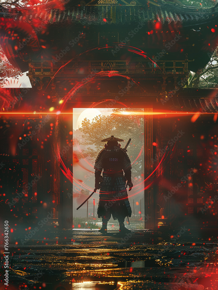 Cybernetic samurai, wielding a laser katana, standing at the entrance of an ancient temple adorned with holographic symbols - obrazy, fototapety, plakaty 