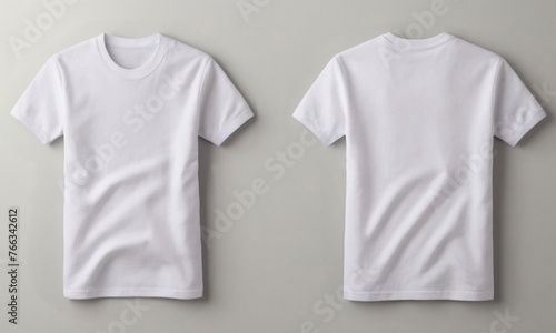 Mock up of blank white t-shirt with copy space for text, logo, branding, print design. Template of both sides of t-shirt with short sleeve and round neck on white background. Front and back view  photo