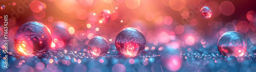 Soap bubbles on a blue and pink gradient with twinkling bokeh for a festive mood