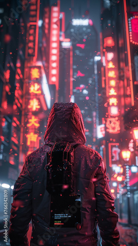 Cyberpunk Hacker, LED suit, Urban explorer in a futuristic city, Neon lights and skyscrapers, Night