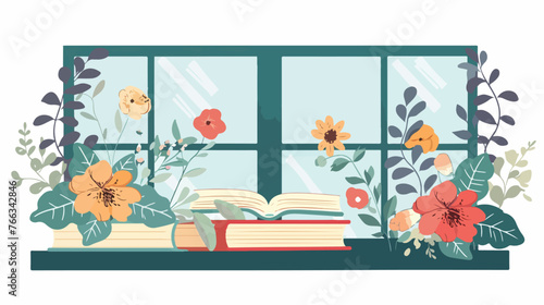Floral Window with Books flat vector isolated on white