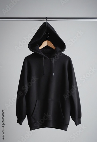Mock up of blank black sweatshirt or hoodie hanging on a rack with copy space for text, logo, branding, print design. Template of sweater, hoody with long sleeve on grey background. Front view