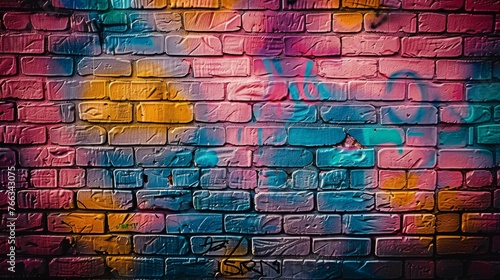 Graffiti-Covered Brick Wall in 90s Aesthetics  Bright Colors  Neon.