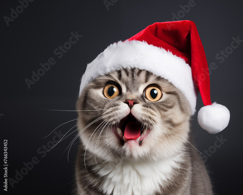 Christmas Cat background. Happy new year backdrop. Celebrating winter holidays card.