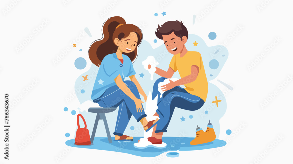 Girl Washing Feet of Man in Jeans flat vector isolate
