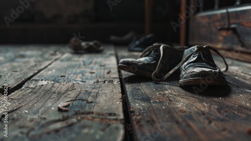 Old worn shoes on a rustic wooden floor, suggesting abandonment or weariness, with a moody atmosphere.