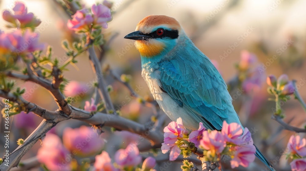  Blue bird on tree branch with pink flowers, blurry background