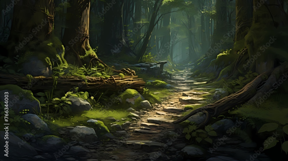 A winding forest path leading deeper into the green wilderness, inviting exploration and adventure.