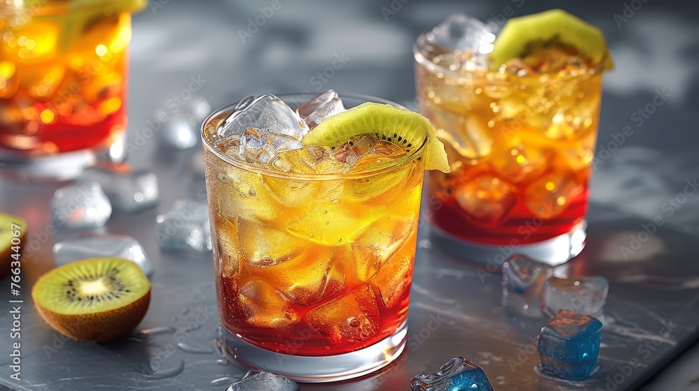 A zoom-in photo of a cocktail with two slices of fruit, one kiwi and one lemon, sitting on rims A zoom-in photo of a cocktail with two slices of fruit, one kiwi and one lemon, sitting on rims