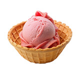 Strawberry ice cream in waffle bowl, isolated on transparent background