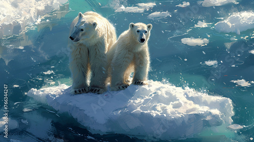 Two polar bears on ice in the sea, concept of global warming, changed wheather, blue color