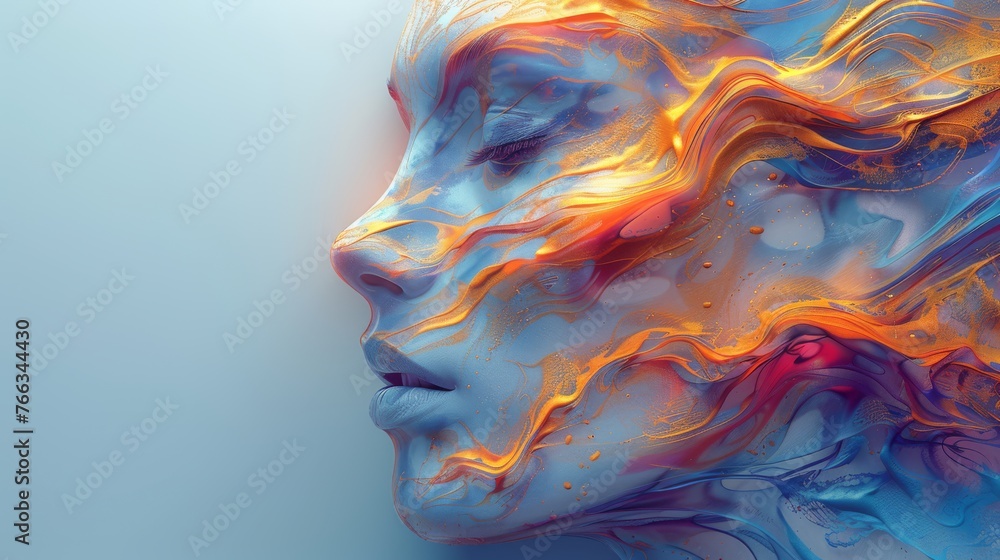  A digital art piece depicting a female face with orange, red and blue swirls surrounding it - obrazy, fototapety, plakaty 
