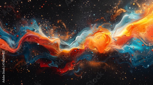  An abstract artwork composed of blue, orange, and yellow swirls against a dark canvas, featuring water droplets and bubbles