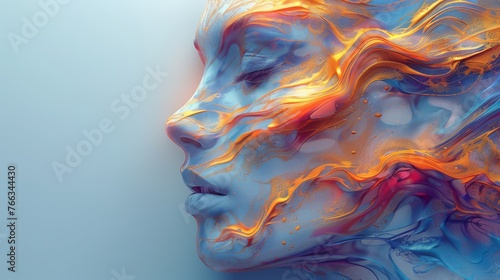  A digital art piece depicting a female face with orange, red and blue swirls surrounding it