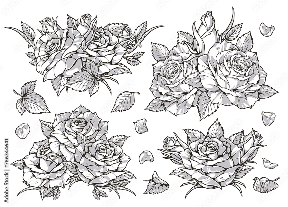 Blooming flowers set stickers monochrome