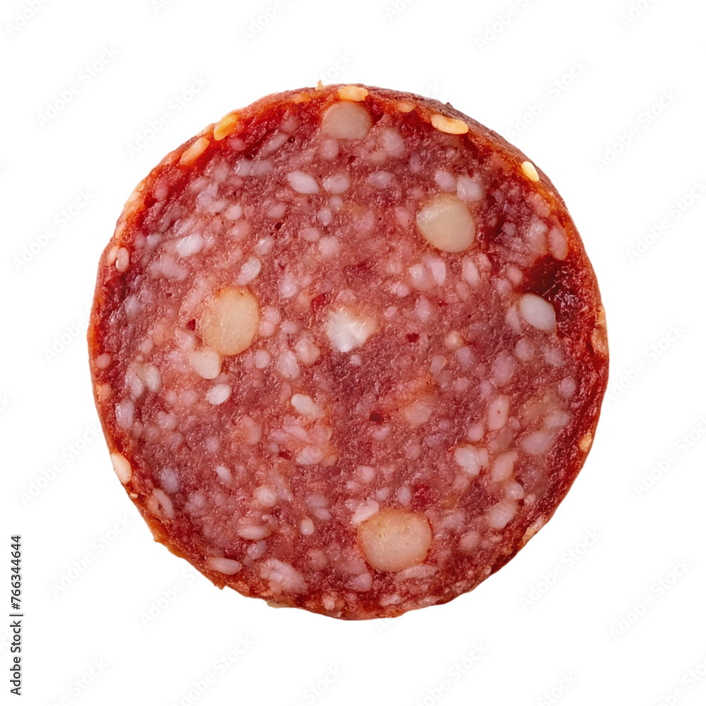 Slice of salami isolated on transparent background. Top view. Slice of salami isolated on transparent background. Top view.