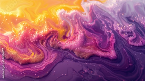  A close-up image showcases two swirls of yellow and purple liquids, one on the left and one on the right