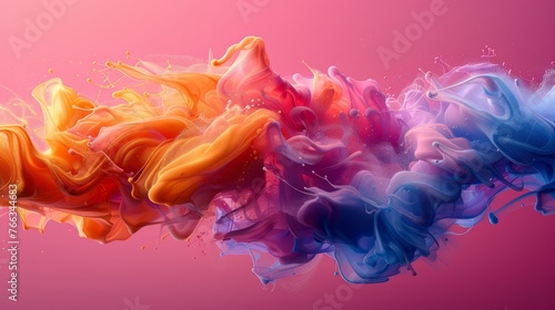  A colorful ink cloud floating above a pink background, with a droplet of liquid dripping off the left edge photo