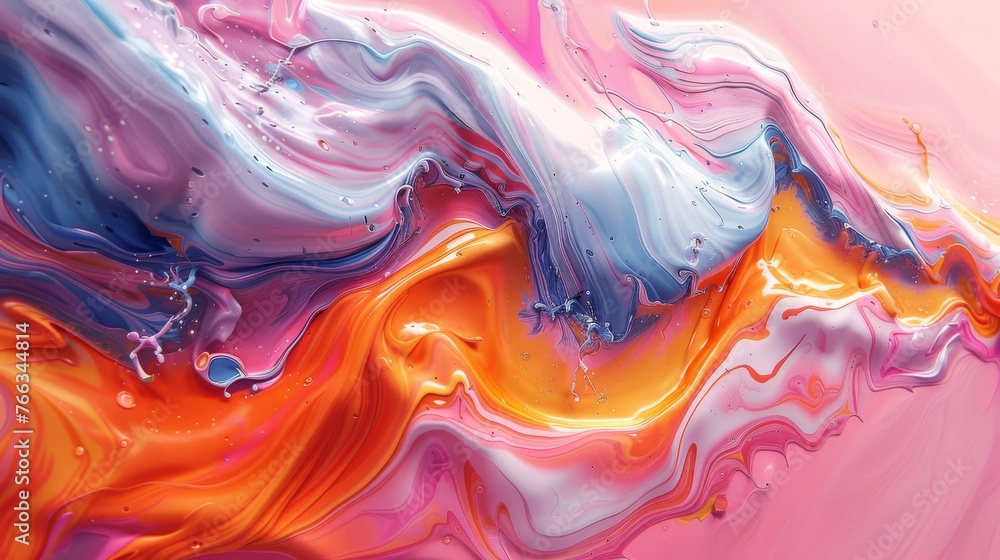  A close-up of a pink and blue background with orange, pink, and white swirls in a liquid painting
