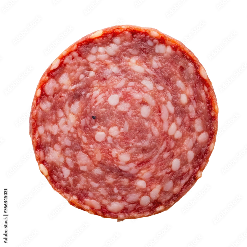Slice of salami isolated on transparent background. Top view. Slice of salami isolated on transparent background. Top view.