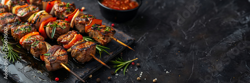 Grilled beef skewers with bell peppers and onions, garnished with rosemary, on a black slate board, ideal for barbecues and summer gatherings