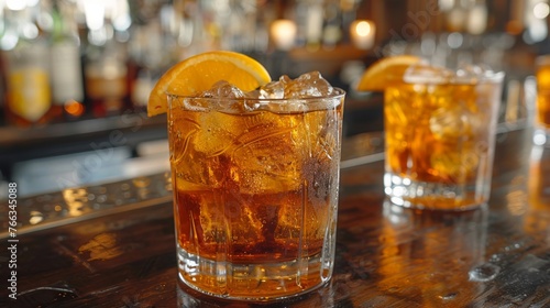  A close-up of two glasses of ice tea, one with a lemon slice and the other without