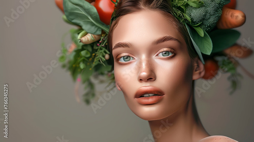 portrait a woman with a hairstyle crafted from vegetables and herbs, symbolizing the essence of vegetarianism as a lifestyle,
