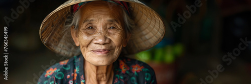 Portrait of a smiling elderly Southeast Asian woman wearing a traditional conical hat, epitomizing cultural heritage and wisdom