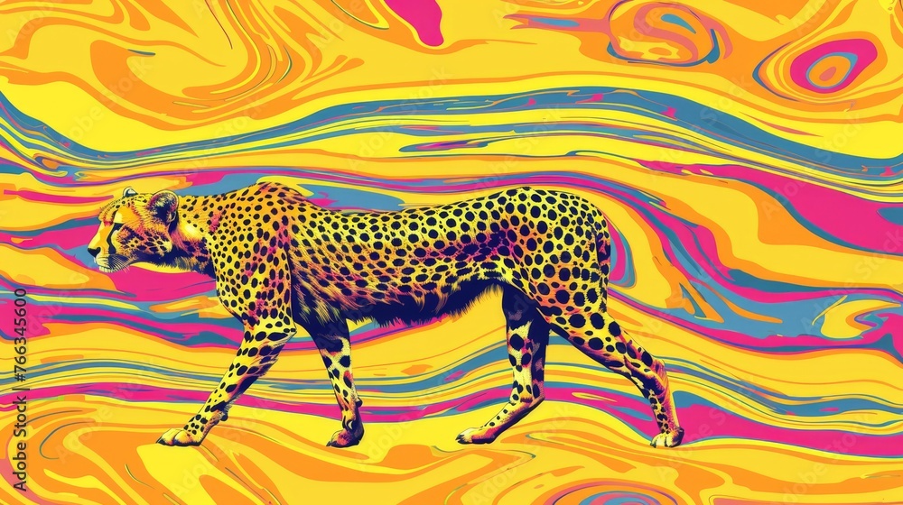 Fototapeta premium A colorful image of a cheetah on a dynamic background, featuring swirling elements
