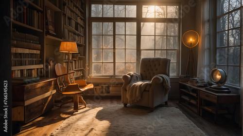 a cozy atmosphere with a comfortable chair soft lighting, and books a perfect haven for quiet relaxation. ai generated
