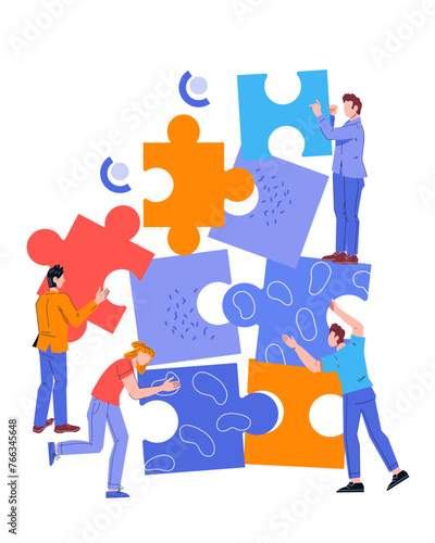 Power of teamwork in business and effective brainstorming and cooperation concept. Marketing strategies. Strong partnerships and collaboration of team and partners, flat vector illustration isolated.