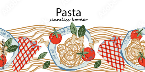 Italian food seamless border design with pasta, spaghetti on plates. Italian cuisine seamless background with noodles, flat vector illustration isolated.