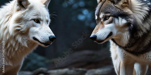 white wolf and black wolf - duel of good and evil concept art - a white wolf versus a black wolf - fantasy illustration - profile view of both wolves looking at each other in a face off duel  photo