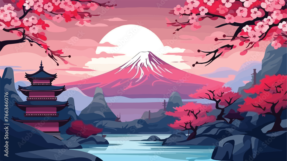 Japan landscape nice background poster flat vector - obrazy, fototapety, plakaty 