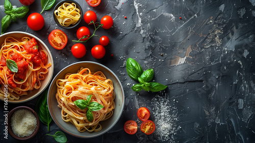 Italian cuisine concept: Top view of two bowls of pasta with tomato sauce and cheese, fresh basil, cherry tomatoes, on a dark textured background