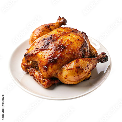 Roast chicken on a plate isolated on transparent background. Top view.