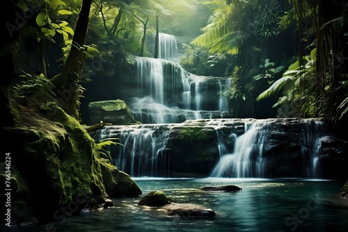 Tranquil waterfalls streaming down vibrant slopes, their gentle murmur harmonizing with the melody of nature © Nature